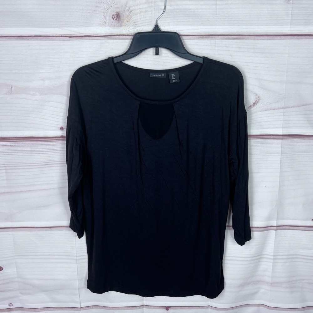 Tahari Top Womens Small Black Dolman Sleeve Blouse Jersey Knit Solid Round Neck